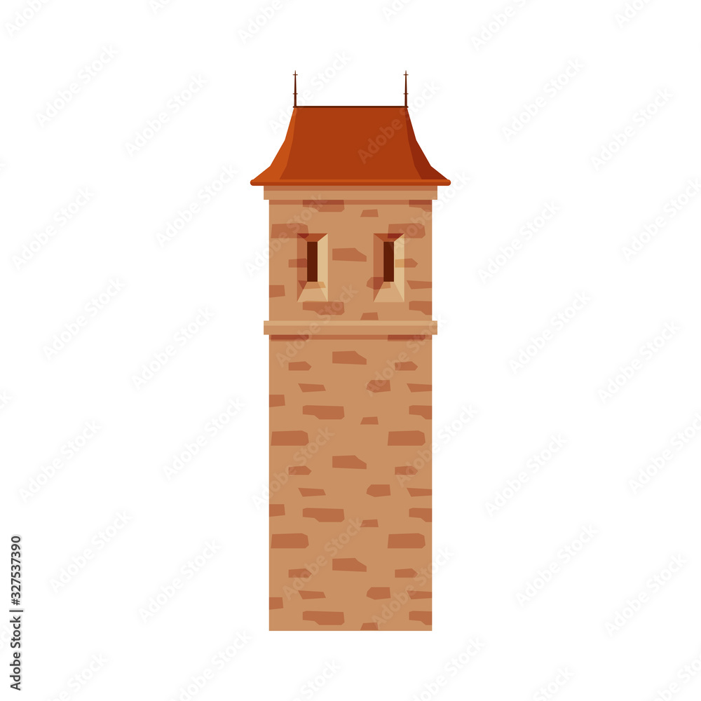 Stone Castle Tower, Part of Medieval Ancient Fortress or Stronghold Vector Illustration