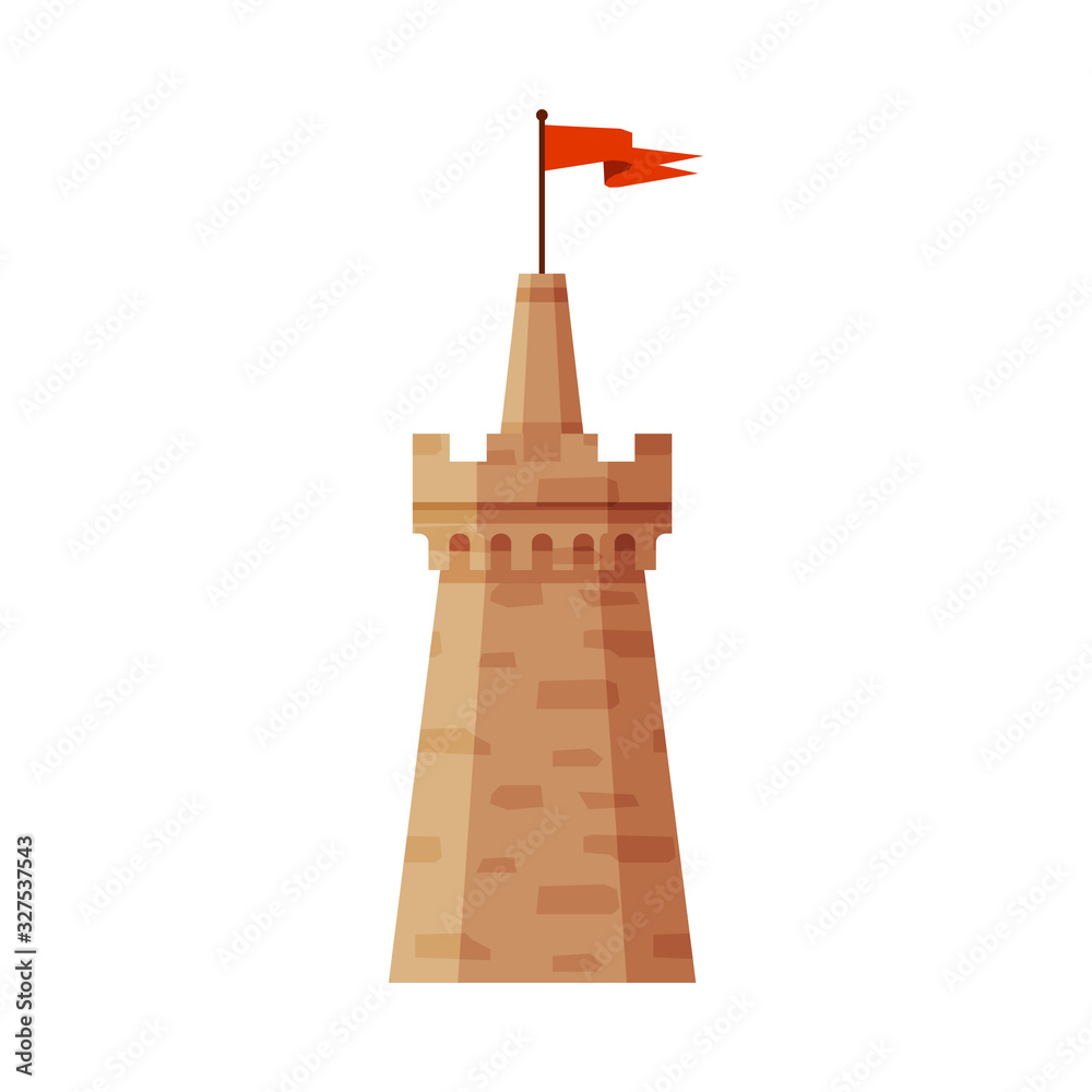 Castle Tower with Waving Flag, Element of Medieval Stone Fortress Vector Illustration