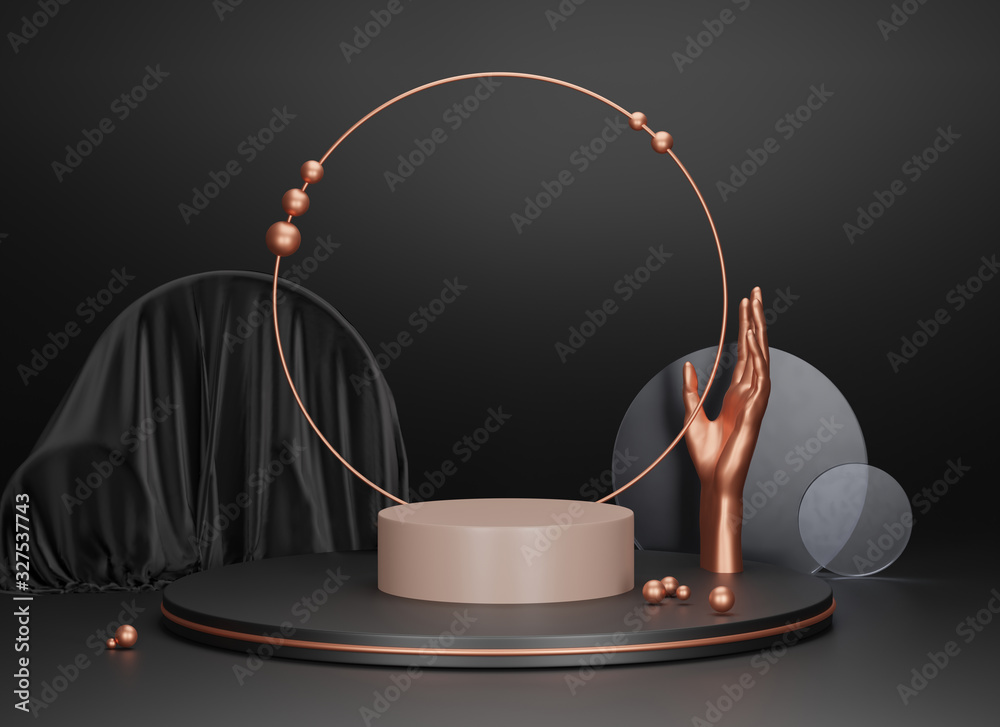 3D podium, pedestal with gold copper rim frame. Hand with geometric shapes. Black background for product promotion. Abstract platform. Art deco banner. Minimalist mockup 3d render with copy space. 3D podium, pedestal with gold copper rim frame. Hand with geometric shapes. Black background for product promotion. Abstract platform. Art deco banner. Minimalist mockup 3d render with copy space.