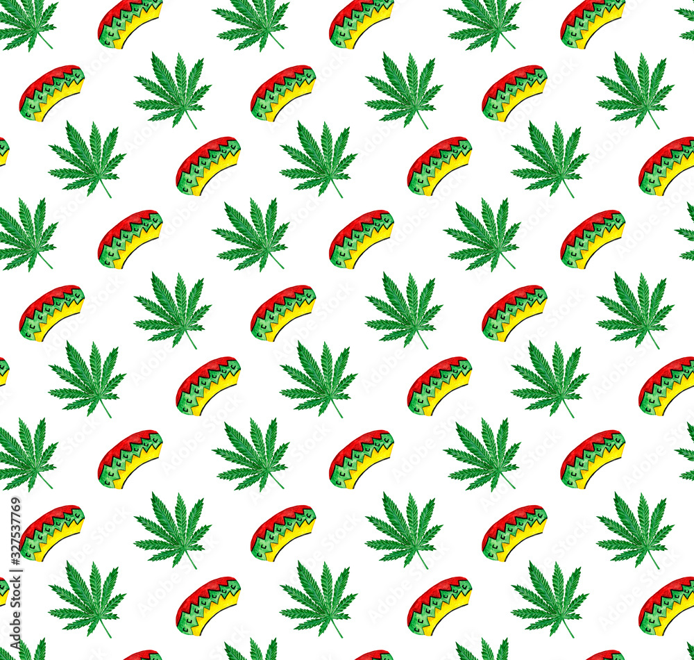 seamless pattern watercolor hemp leaf and rastaman hat seamless pattern watercolor hemp leaf and rastaman hat