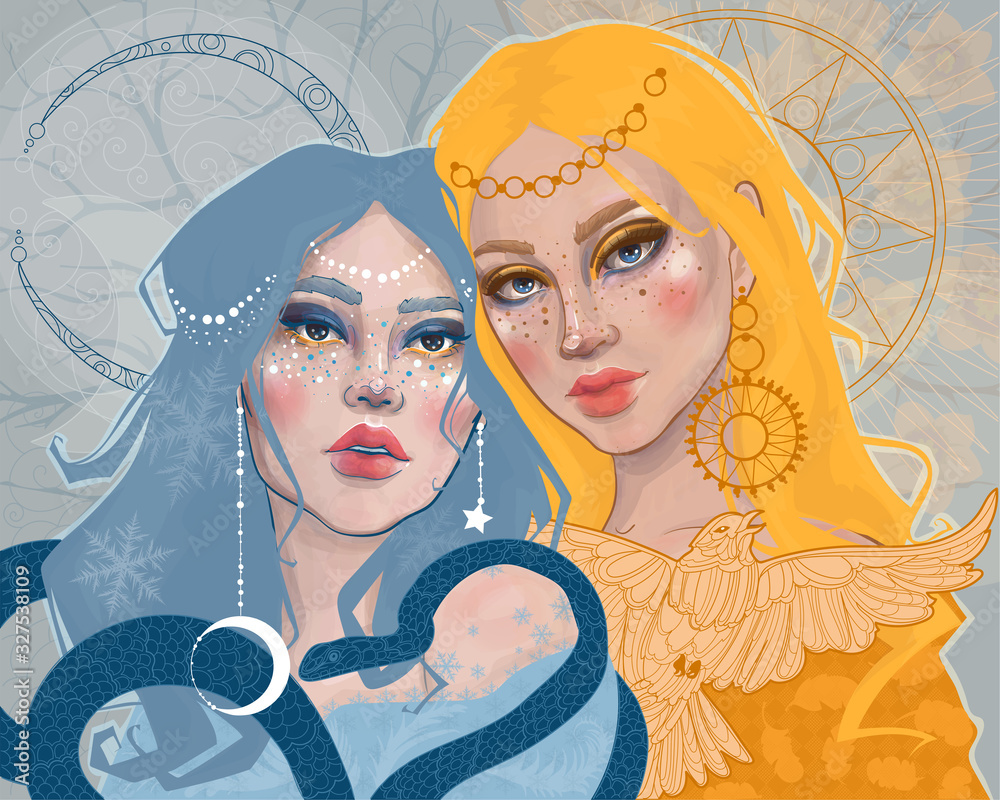 two princess girls: day and night, winter and spring, personifying the ...