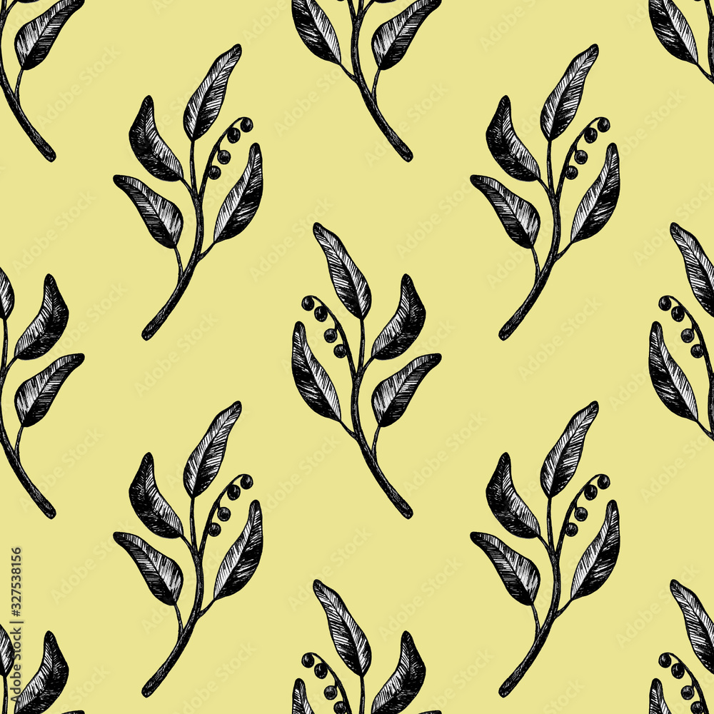 Collection of highly detailed hand drawn graphic black leaves and herbs isolated on white background seamless pattern Collection of highly detailed hand drawn graphic black leaves and herbs isolated on white background seamless pattern