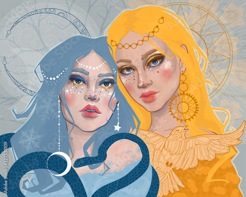  two princess girls: day and night, winter and spring, personifying the equinox 