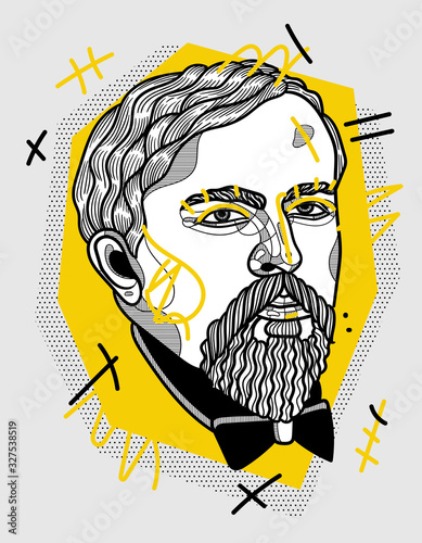 Claude Debussy portrait. Creative geometric yellow style.