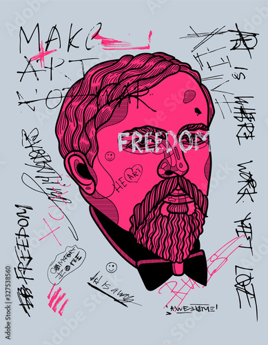 Claude Debussy portrait. Crazy pink calligraphy