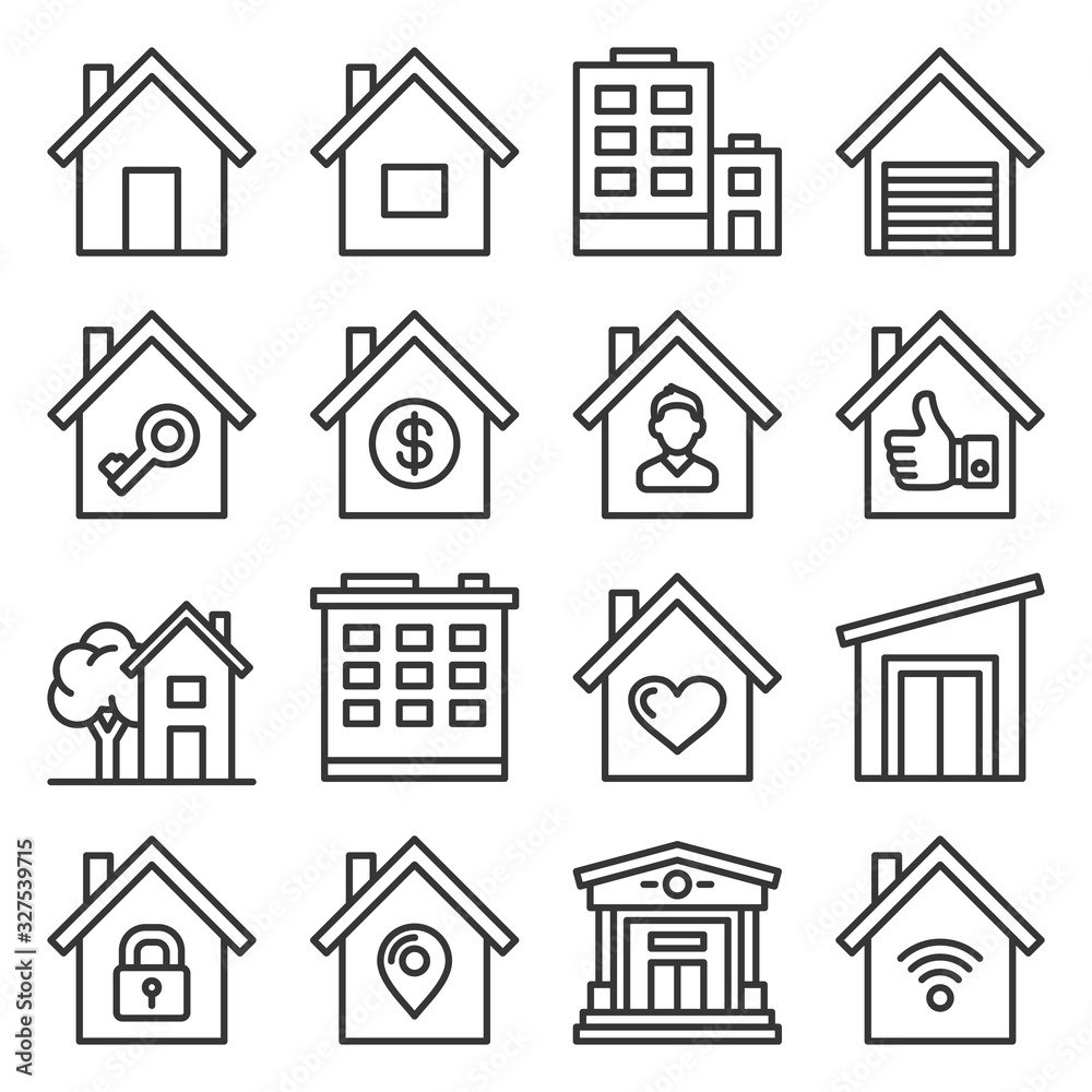Home Icons Set on White Background. Line Style Vector