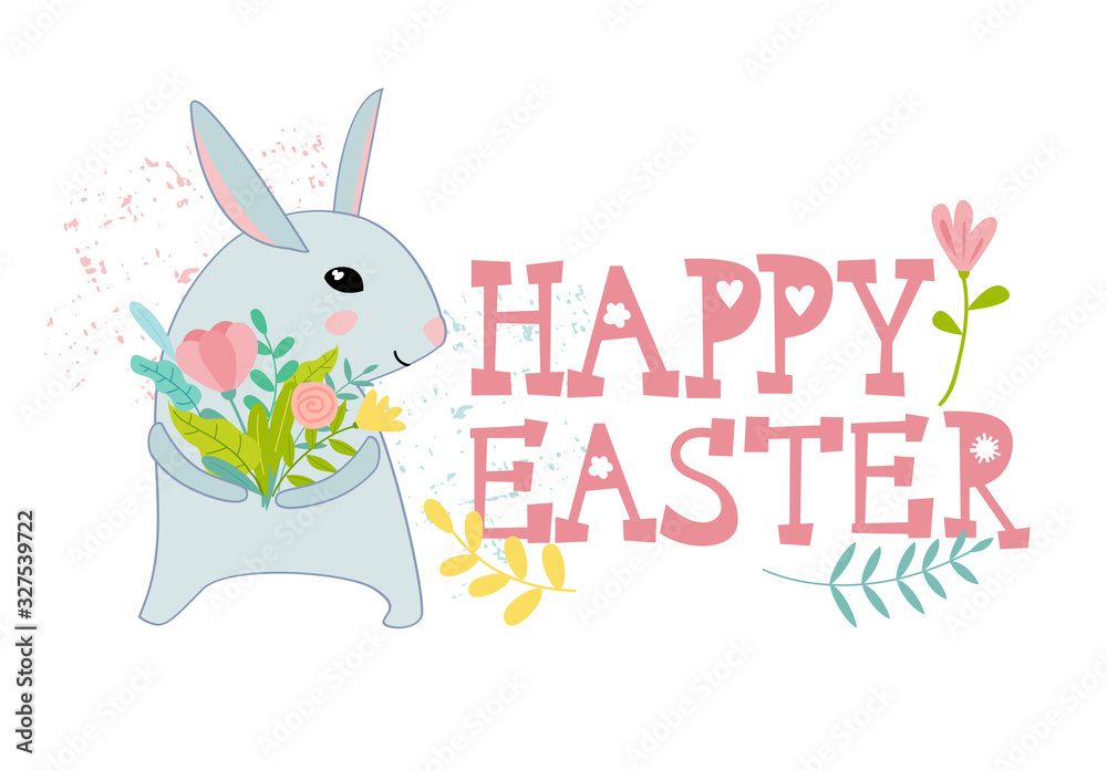Fototapeta premium Happy Easter card with cute bunny rabbit and spring flowers