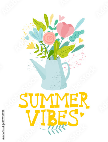 Card with Summer Vibes typography  and flowers in watering can