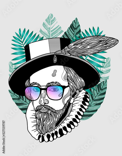 Sir Walter Raleigh. Hipster portrait with glasses and tropical leaves.