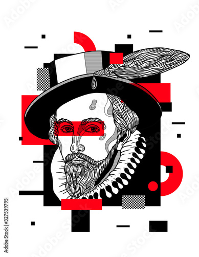 Sir Walter Raleigh. Glitch red modern style.