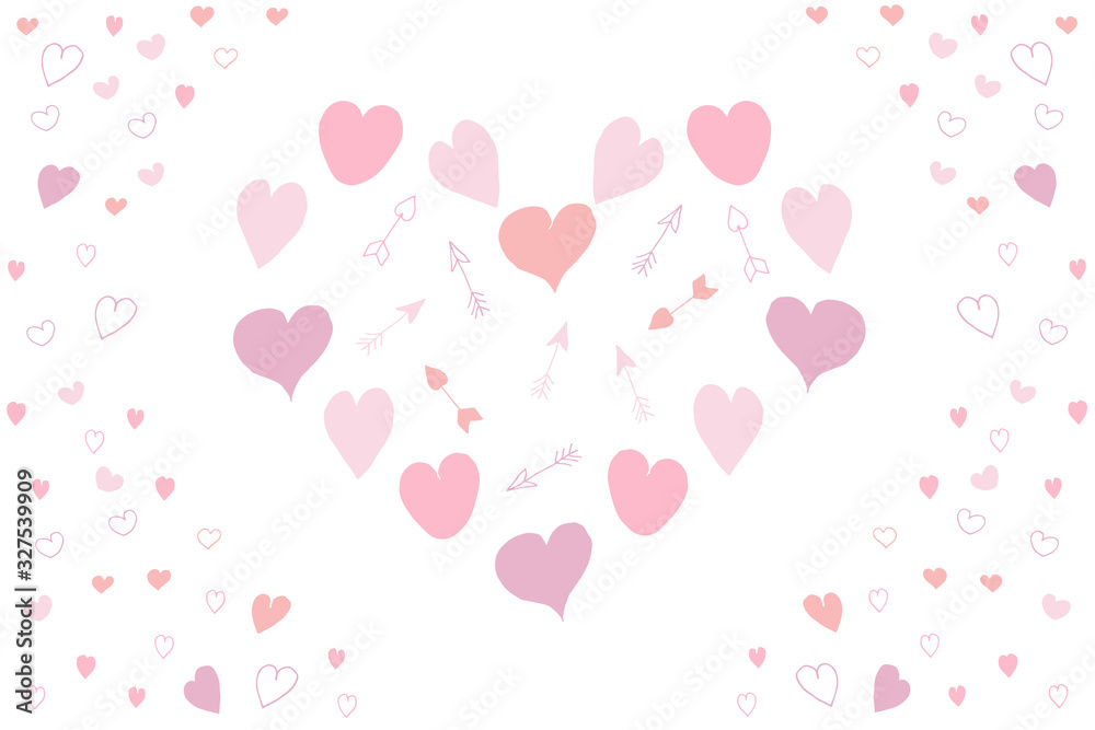 Pink hearts pattern. Doodle illustration of a big and small heart on a white background.