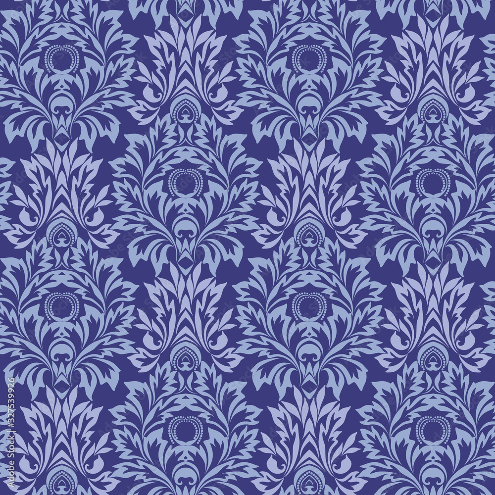 Seamless damask blue pattern with leaves and flowers. Traditional ethnic ornament. Vector print.