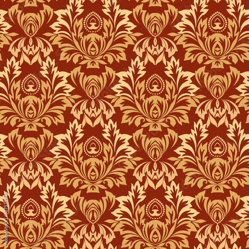 Seamless damask classic pattern with leaves and flowers. Traditional ethnic ornament. Vector print.