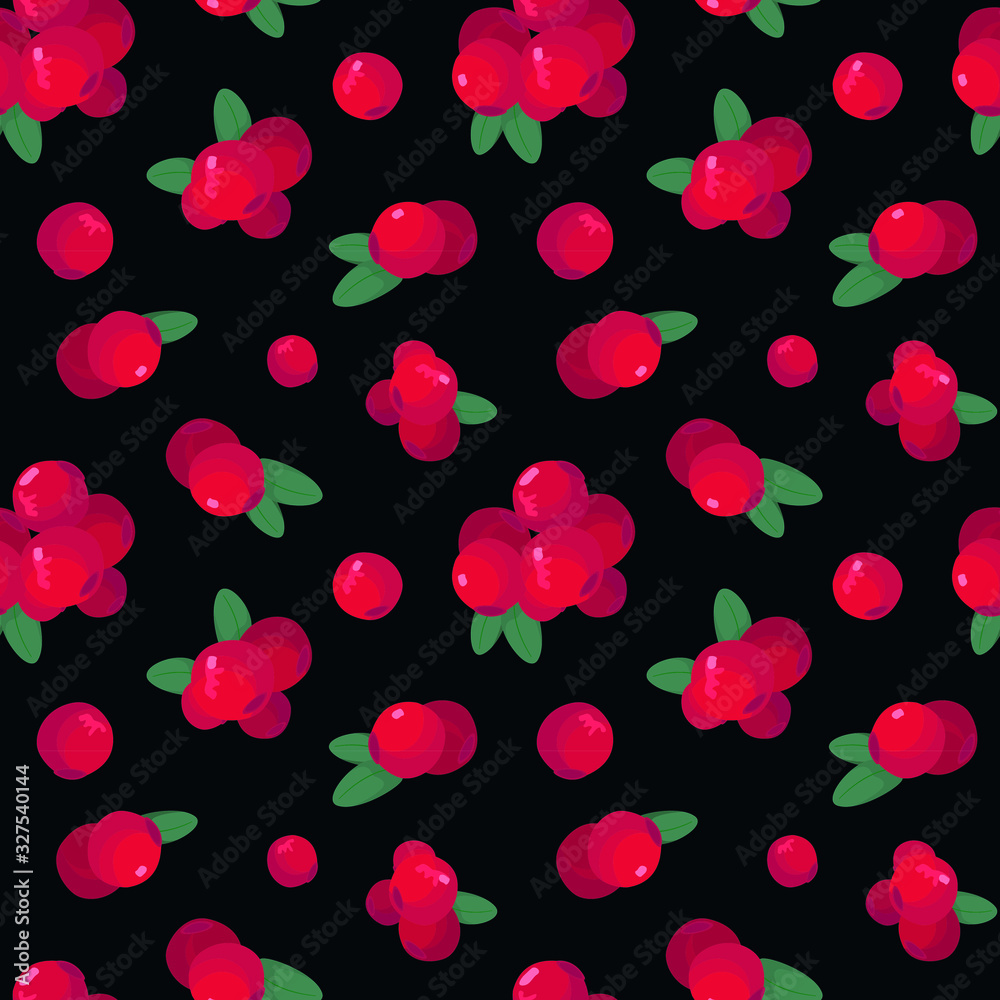 Vector seamless pattern with cranberries; berries on black background for fabric, wallpaper, packaging, textile, web design.