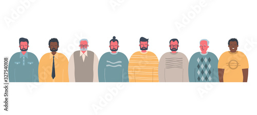 Men's community. Male solidarity. Stronger together concept. There are men of different races, different ages in the picture. People icons. Vector illustration.