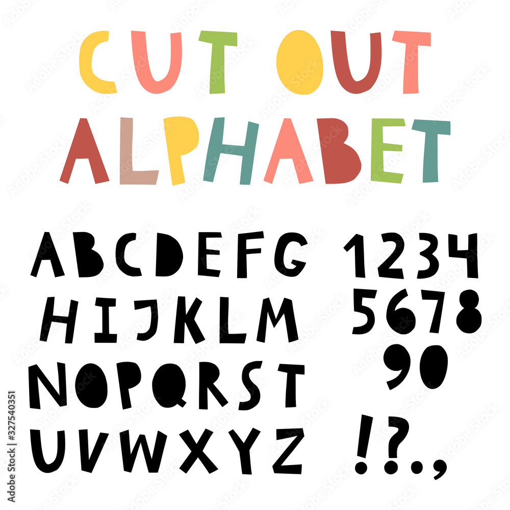 Cute cut out alphabet with numbers and punctuation marks. Set of black vector letters.