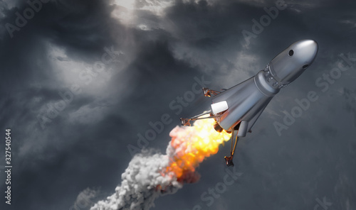 Fototapeta Naklejka Na Ścianę i Meble -  rocket on cloud sky background, 3d illustration