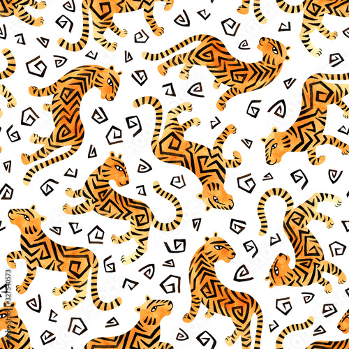 Watercolor seamless pattern with tigers on white background. Hand painted raster illustration. © Sonyara