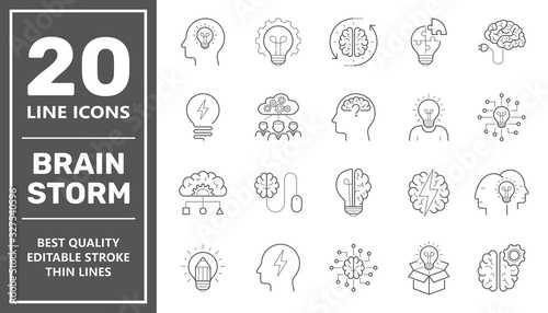 Set of brainstorm icons such as artificial light, brain, lightbulb, creative, creativity, knowledge, brainstorming, brainstorm. Editable Stroke. EPS 10.