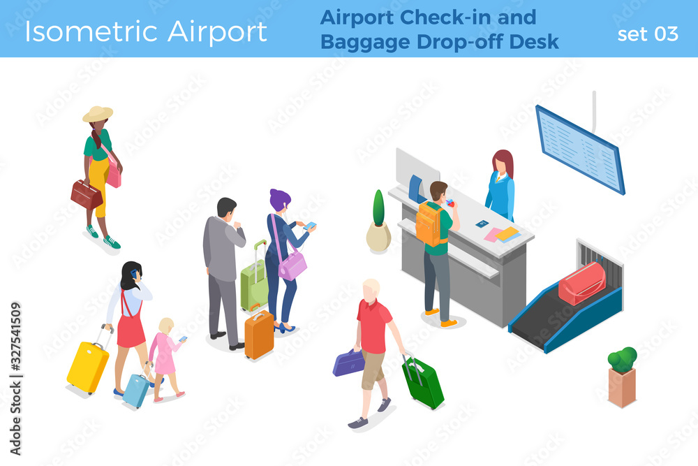People standing and walking in Airport Check-in and Baggage Drop-off Desk area Man is checking in for flight isometric vector illustration