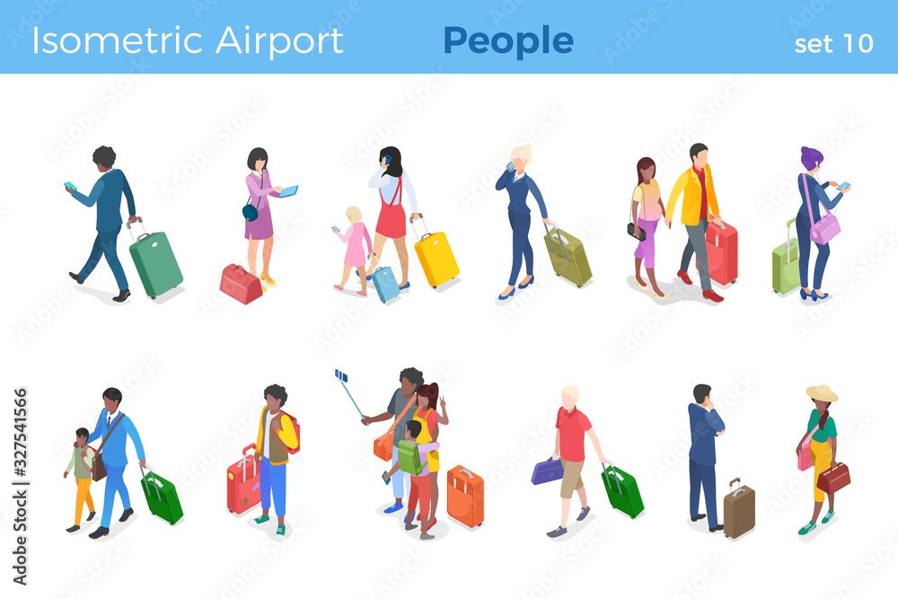 Casual People standing walking take selfies Businessman Businesswoman talk by phone with suitcases luggage at the airport isometric vector illustration set