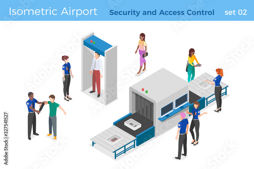 Security checks people and baggage Access Control area to flight Airport terminal isometric vector illustration