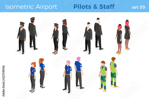 Airplane pilots stewardess air hostess Airport Staff Security isometric people vector illustration set