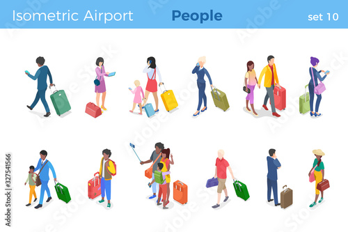 Casual People standing walking take selfies Businessman Businesswoman talk by phone with suitcases luggage at the airport isometric vector illustration set