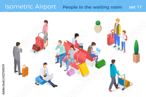 People sitting standing  walking in waiting room wait for the flight isometric vector illustration set