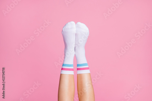 Cropped close-up view of nice vertical feminine legs wearing white casual soft cotton comfortable socks new brandy collection isolated over pink pastel color background photo