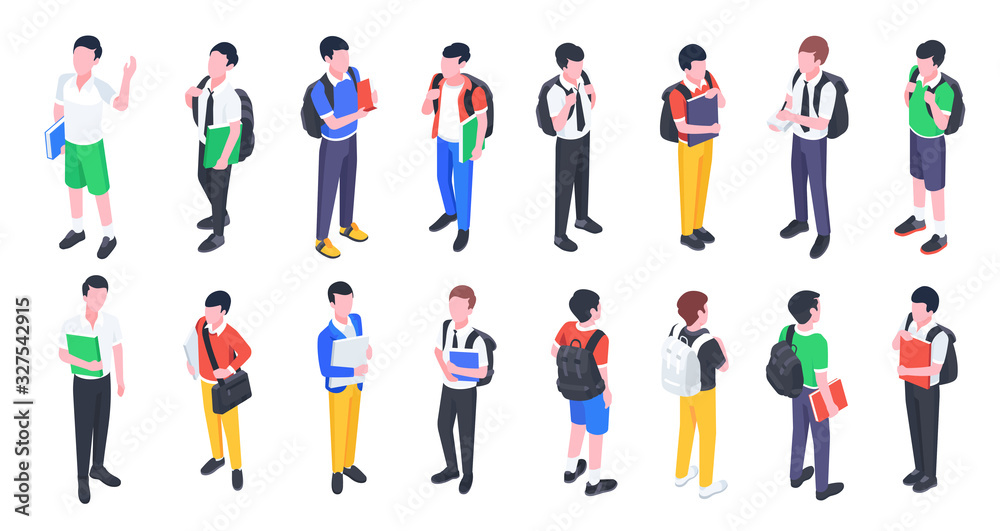 Group of college and university students. Isometric young people. Student set with books and backpacks isolated on white background