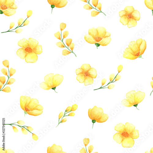 illustration watercolor seamless pattern of of yellow flowers and twigs with flowers on a white background. spring summer mood. for cards, design, fabric, paper.