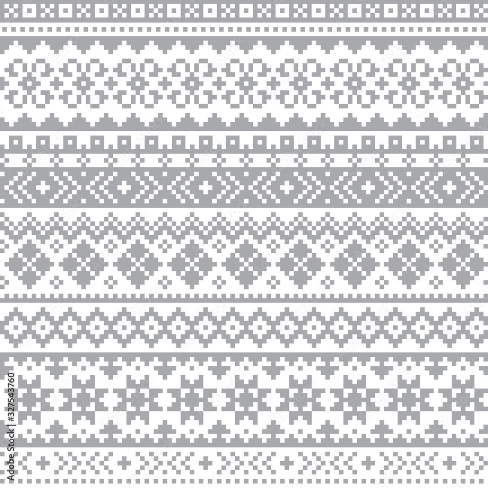 Fair Isle, Shtelands knitwear traditional vector seamless design, Scottish retro design in gray on white