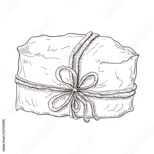 Hand drawn gift illustration. paper wrapped package tied with cord or twine. Vintage engraved gift box icon. present or paper wrapped parcel sketch isolated on white background. box with string bow.