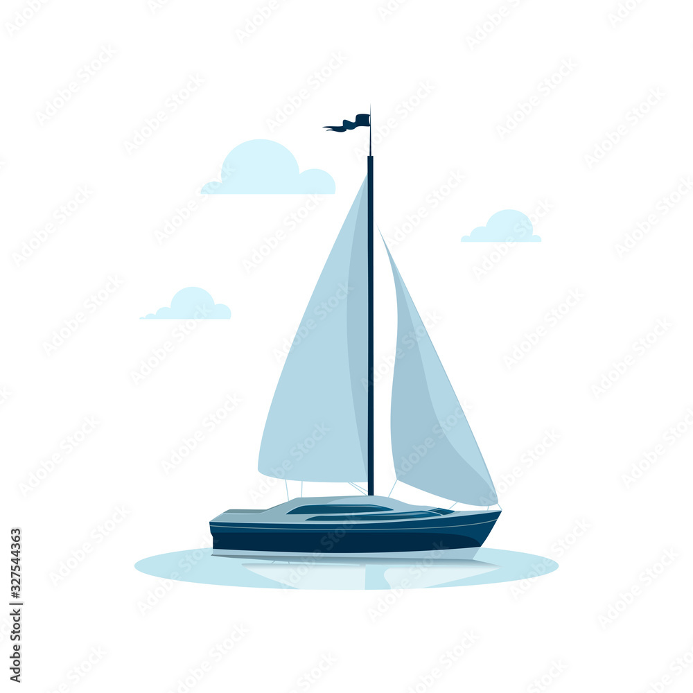 Sailing ship banner. Sailboat side view with reflection on a background of sea water. Luxury yacht racing, ocean, sailing regatta vector illustration. Sea travel around the world, yacht racing.