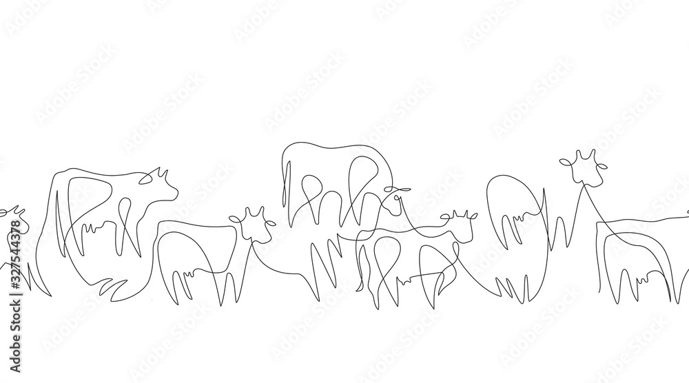 Seamless pattern. Cows drawn in one line. Farm animals.