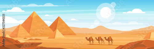 Plakat Pyramids in desert flat vector panoramic illustration. Egyptian landscape at daytime cartoon background. Camels caravan and Egypt landmarks scenery. African animals and sand dunes panorama.