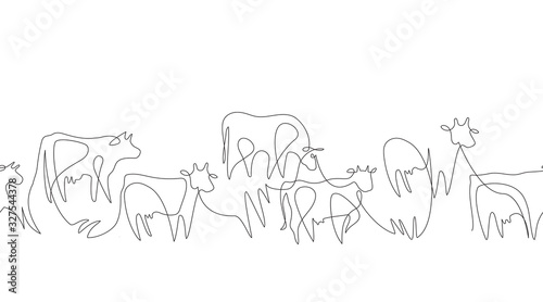Seamless pattern. Cows drawn in one line. Farm animals.