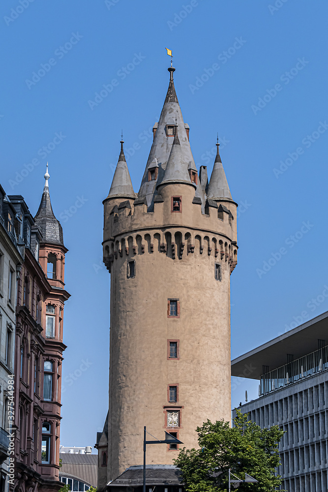 Eschenheim Tower (Eschenheimer Turm) was a city gate, part of late-medieval fortifications of Frankfurt am Main - a landmark of city. Tower erected at the beginning of fifteenth century. Germany.