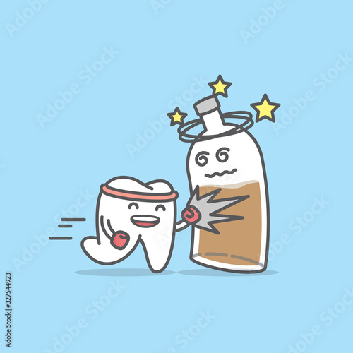 Dental cartoon of a tooth hit a liqueur bottle illustration cartoon character vector design on blue background.  Dental care concept.