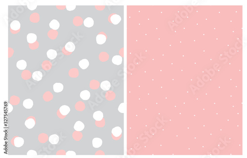 Abstract Hand Drawn Dotted Seamless Vector Patterns. White and Pink Dots Isolated on a Light Gray Background. White Tiny Dots on a Blush Pink Layout. Simple Geometric Irrgeular Vector Prints.