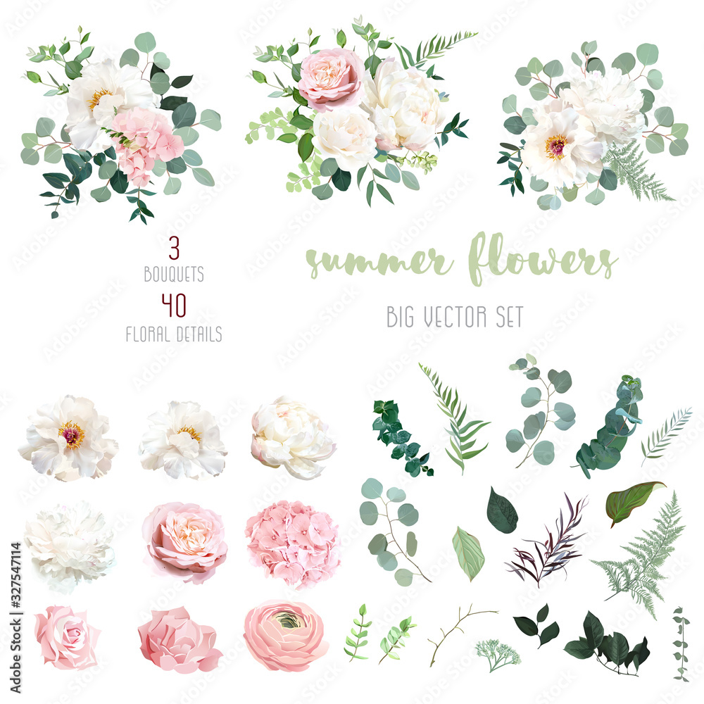 Blush pink rose and sage greenery, ivory peony, hydrangea, ranunculus flowers