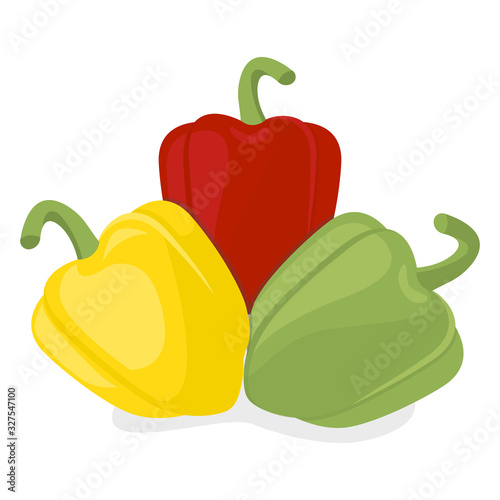 Fresh red, yellow, green bell peppers on a white background. Tasty sweet vegetable pepper set. Paprika icon. Can be used as emblem, logo, web print, sticker. Vector illustration.