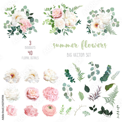 Blush pink rose and sage greenery, ivory peony, hydrangea, ranunculus flowers photo