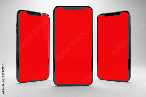 Three phone mockup on a soft background and chroma key color.