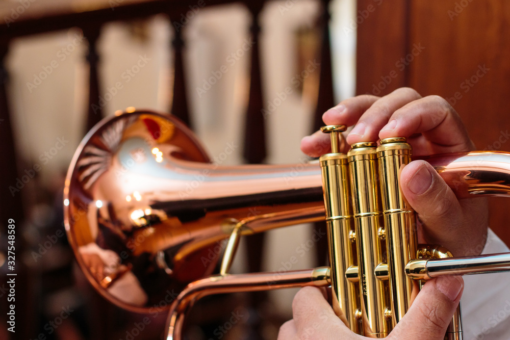 Obraz premium detalhe de mão tocando um trompete