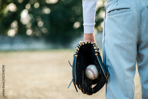Canvas Print Back view of man holding baseball in glove