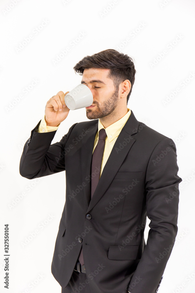 A handsome businessman standing over a coffee isolated on white background, A handsome businessman standing over a coffee isolated on white background,