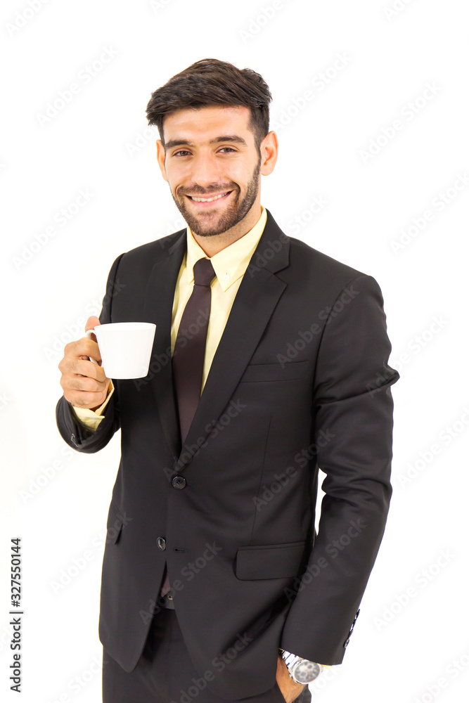 A handsome businessman is sipping coffee with a bright smile isolated on white background, A handsome businessman is sipping coffee with a bright smile isolated on white background,