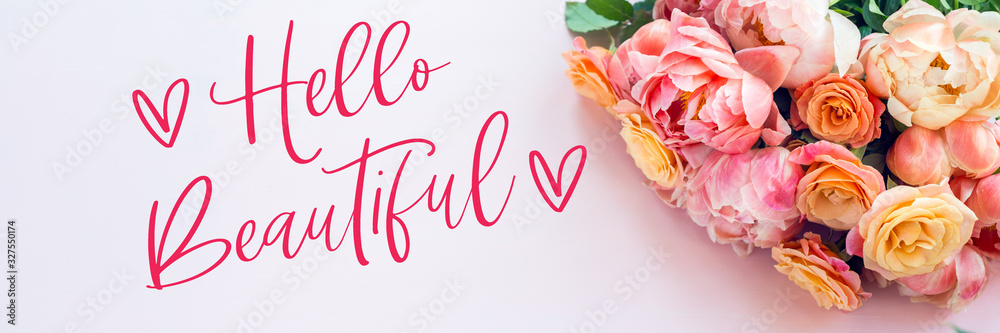 Bunch of pink peonies and roses